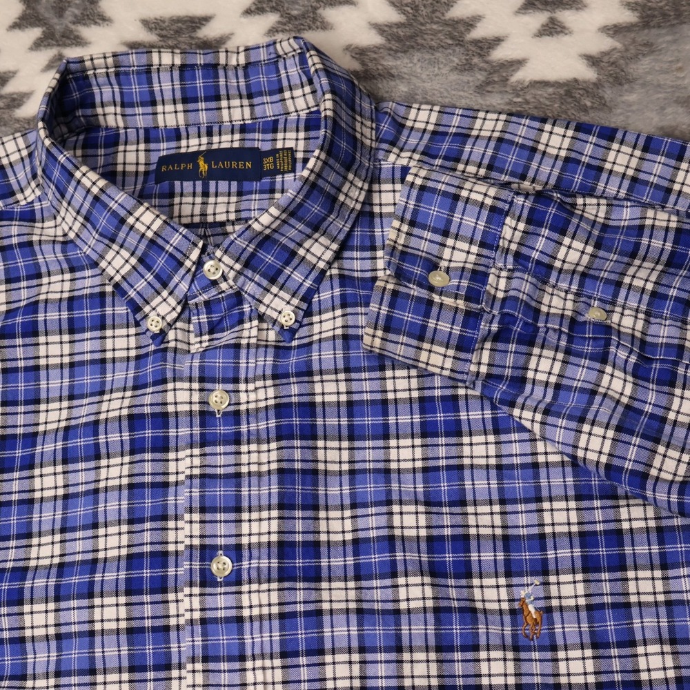Ralph Lauren Mens 3XB Blue Plaid Button Shirt Long Slv Big & Tall Flesh Pony